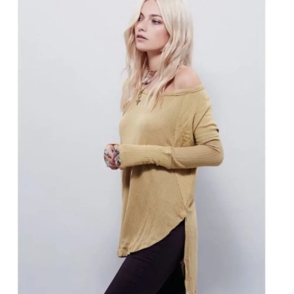 Free People Mustard Yellow Ventura Thermal Top MEDIUM Waffle Knit Long Sleeve